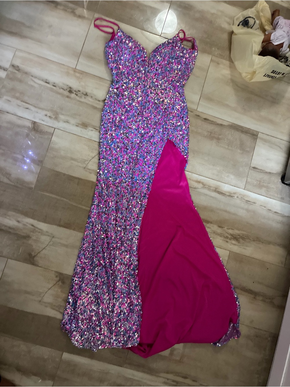 Shimmering Pink-Purple Sequin V-Neck Prom Dress - Picture 8 of 11